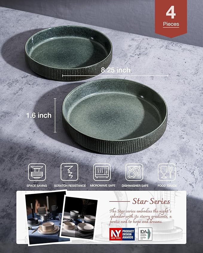 famiware Star 8.25" Pasta Bowls Set of 4, Bowl Plates, Deep Forest