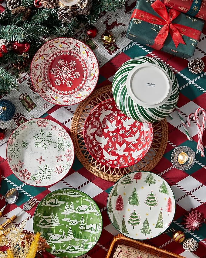 Metahom Christmas Pasta Bowl Set, 8 Inch Salad Serving Bowl, Wide and Shallow Bowl Plate for Kitchen, Dishwasher and Microwave Safe, Set of 6