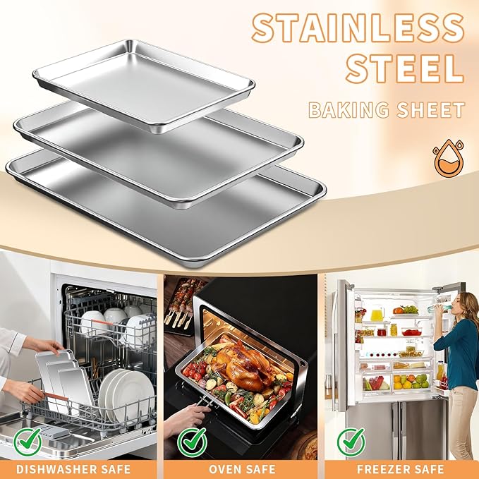 Baking Sheet Set of 3, Stainless Steel Cookie Sheets Baking Sheet Pan, 10.5/12.4/16 Inch, Thicker and Firmer Baking Pans Set, Non-stick, Non toxic & Heavy Duty & Easy Clean, Dishwasher Safe