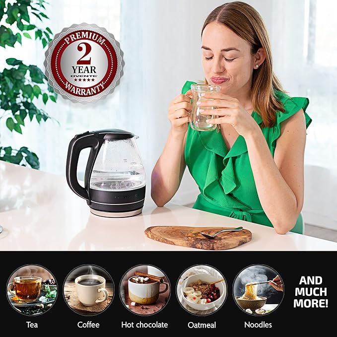 OVENTE 1.5L Glass Electric Kettle Water Boiler, Black KG83B