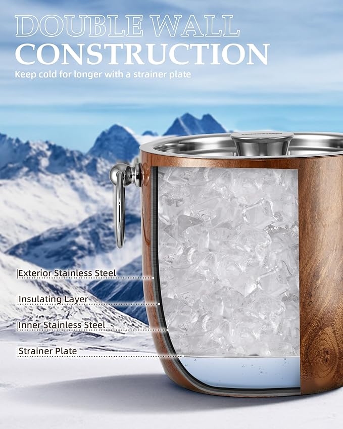 Golden Cudgel Insulated Ice Bucket, 3L Double Wall Stainless Steel Ice Bucket with Tongs,Lid, Scoop and Strainer, Ice Buckets for Parties,Cocktail Bars, Chilling Beer, Champagne, Wine Bottles,Wood