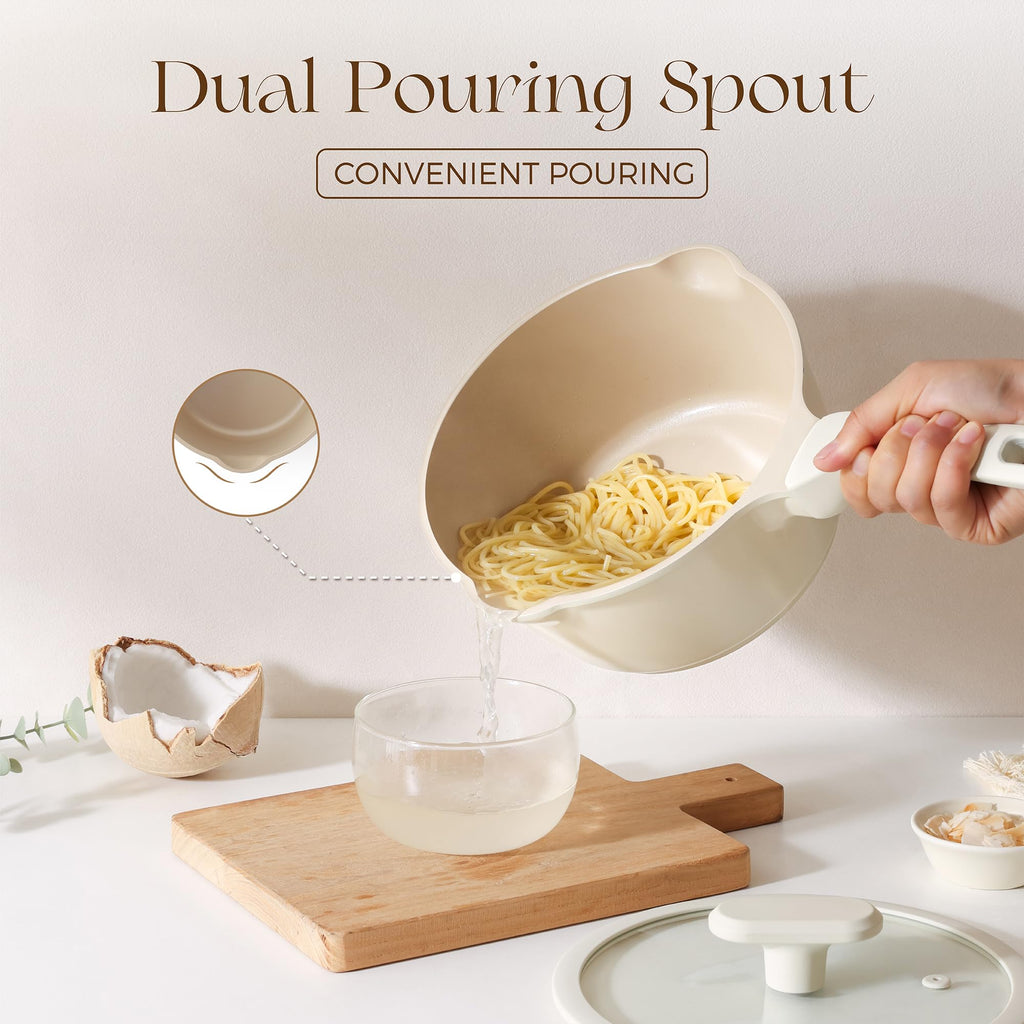 PRICUSIS Ceramic Nonstick Saucepan with Lid, 2.7 Quart Non Toxic Pot with Pour Spouts, Full Coated, 100% Dishwasher Safe, Induction Compatible, PTFE PFAS & PFOA Free, Coconut White