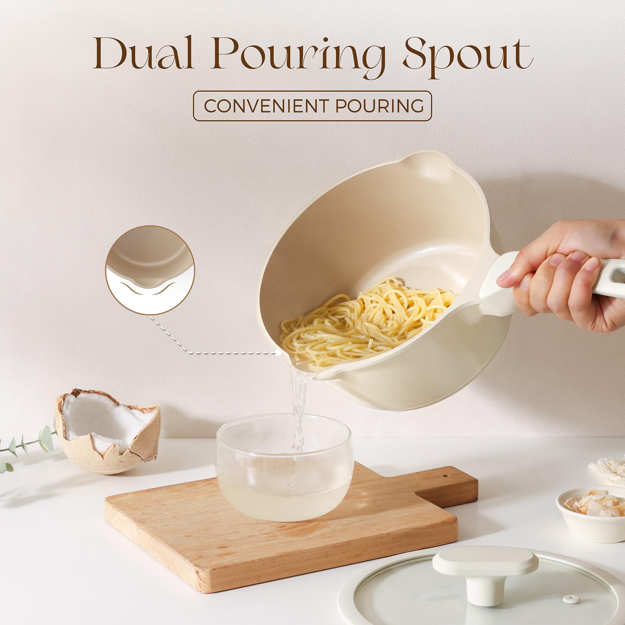 PRICUSIS Ceramic Nonstick Saucepan with Lid, 2.7 Quart Non Toxic Pot with Pour Spouts, Full Coated, 100% Dishwasher Safe, Induction Compatible, PTFE PFAS & PFOA Free, Coconut White