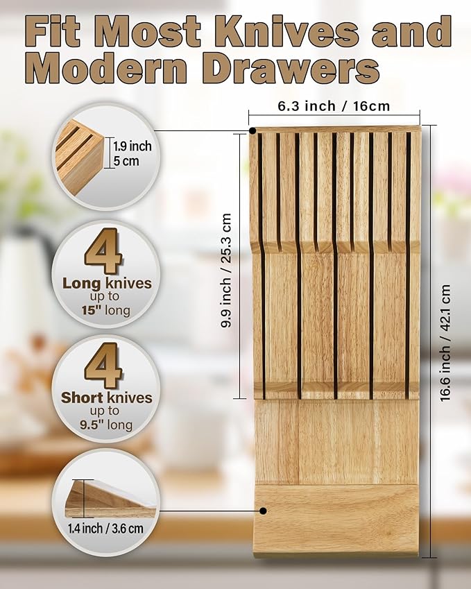 Cook N Home Basics Durable Wood Cutlery Holder, Knife Storage Block Organizer, Made of natural rubber wood, Polished Surface, Suitable for Drawers, 2 Pcs, 9-Slot