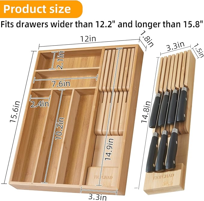 TIOPGHAD Small Bamboo Silverware Organizer Kitchen Utensil Tray, Natural