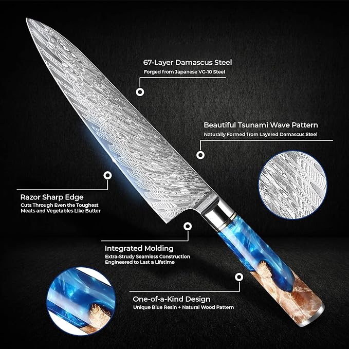 SENKEN Damascus Steel Chef's Knife - Tsunami Collection - 67-Layer Japanese VG10 Steel Core - Unique Blue Resin & Natural Wood Handle, Razor Sharp, Beautiful Damascus Wave Pattern (8" Chef's Knife)