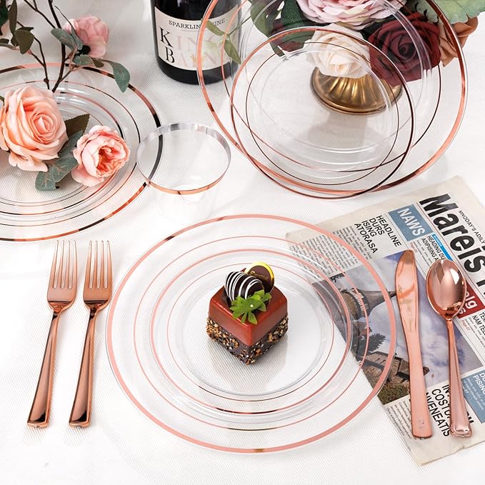 bUCLA 600PCS Clear Rose Gold Plastic Dinnerware Set Disposable - Include 100 Dinner Plates, 100 Dessert Plates, 100 Knives, 100 Forks, 100 Spoons, 100 Cups for Party & Wedding