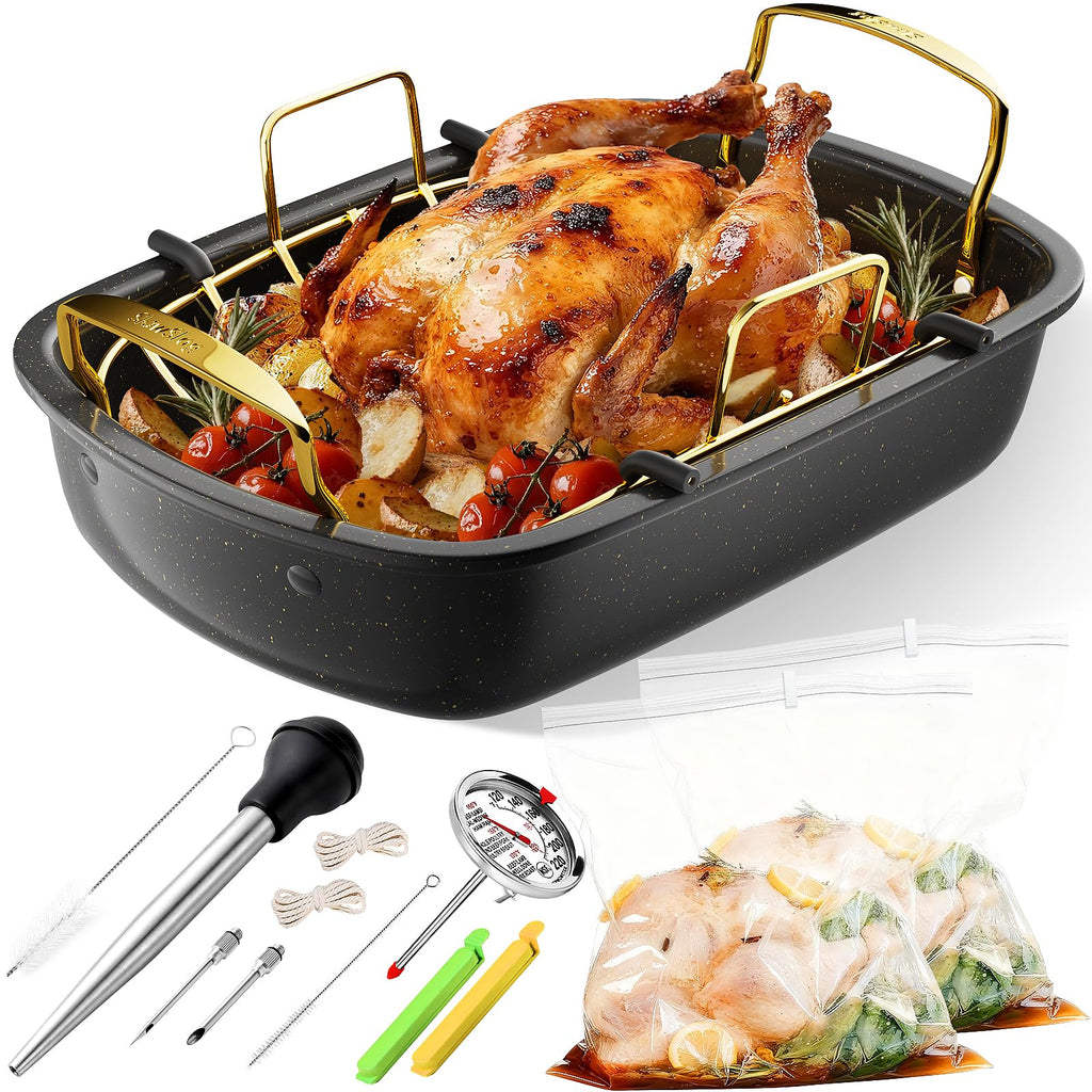 Turkey Roasting Pan, 17x13 Inch Roaster with Removable Rack, Black&Gold