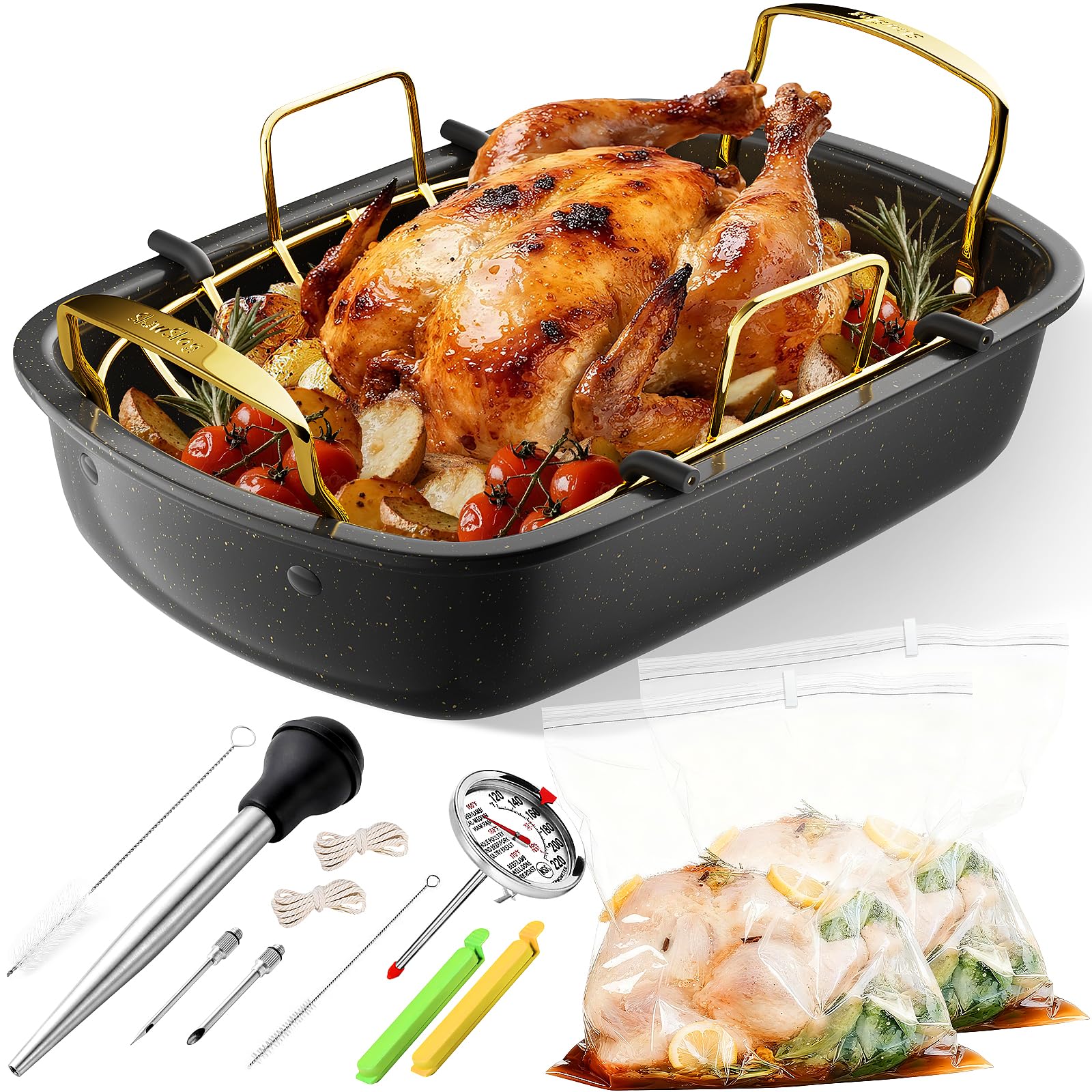 Turkey Roasting Pan, 17x13 Inch Roaster with Removable Rack, Black&Gold