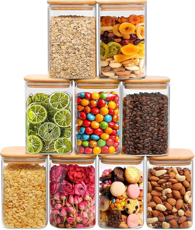 ComSaf Square Glass Containers With Lids 1.2 Qt, Set of 9 Pantry Galss Jars