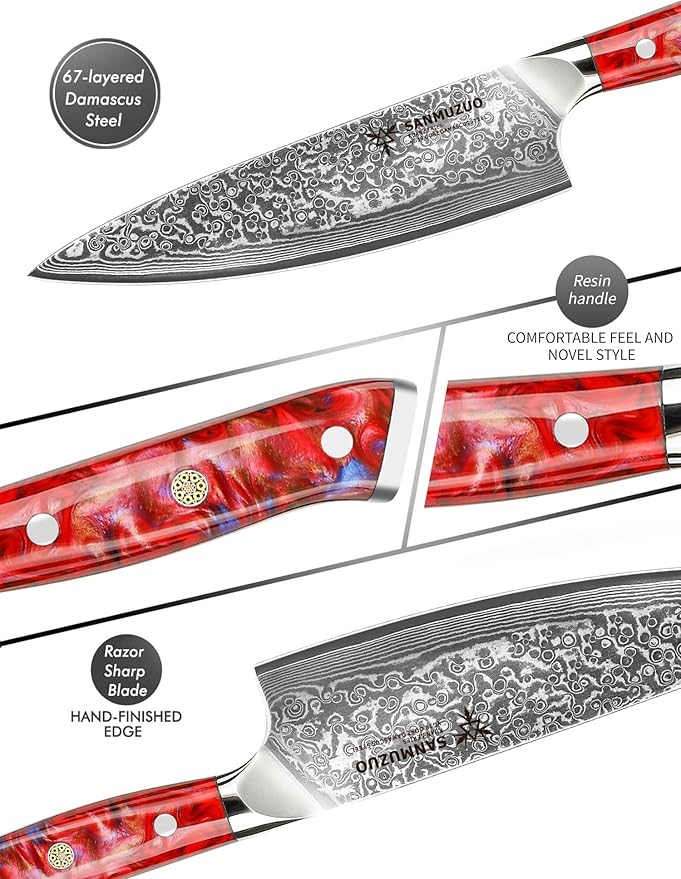 SANMUZUO Chef Knife - 8 inch - Xuan Series - VG10 Damascus Steel Kitchen Knife - Resin Handle (Sunset Red)