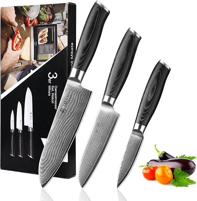 Wakoli Mikata Santoku Knife Set, 3-Piece VG10 Damascus, Micarta Handles