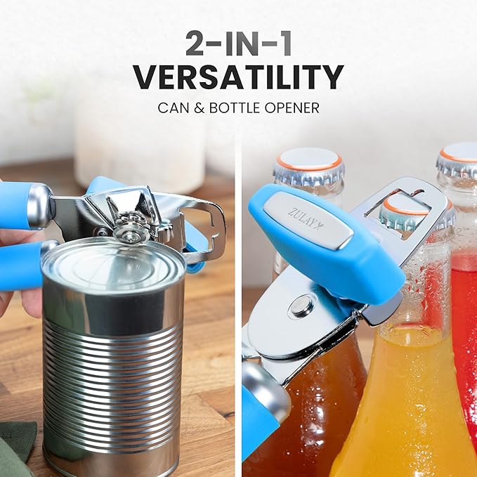 Zulay Kitchen Heavy Duty Stainless Steel Can Opener Manual with Bottle Opener - Rust Proof Manual Can Opener With Turn Knob & Comfy Soft Grip Handles - Aqua