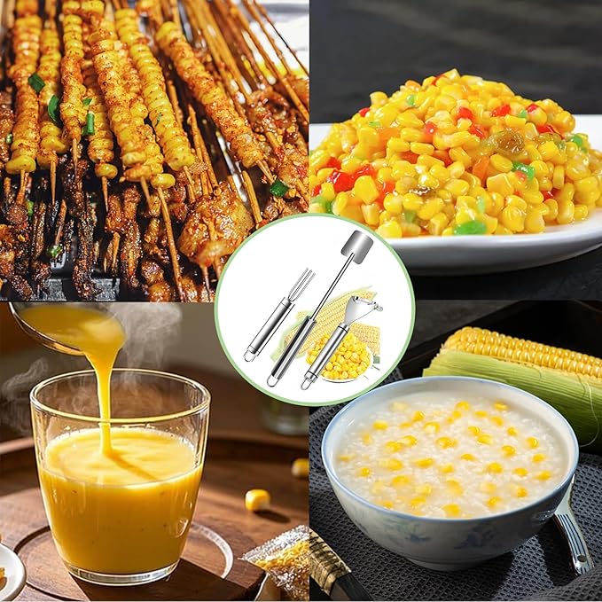 3 Pcs Upgraded Stainless Steel Corn Kitchen Tool set Corn Corn Peeler, Corn Stripper and Corn Holder, Kernel Remover Tool for Home & Outdoor Dining