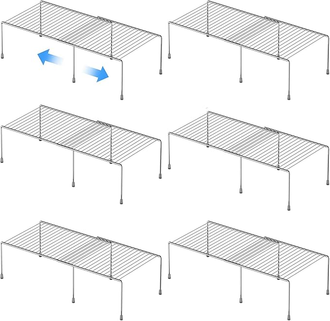 GEDLIRE Kitchen Cabinet Expandable Shelf Organizers Set of 6, Adjustable Metal Wire Pantry Storage Shelves, Plate Dish Organizer Rack for Cabinets, Cupboard, Counter, Freezer, Countertop, Chrome