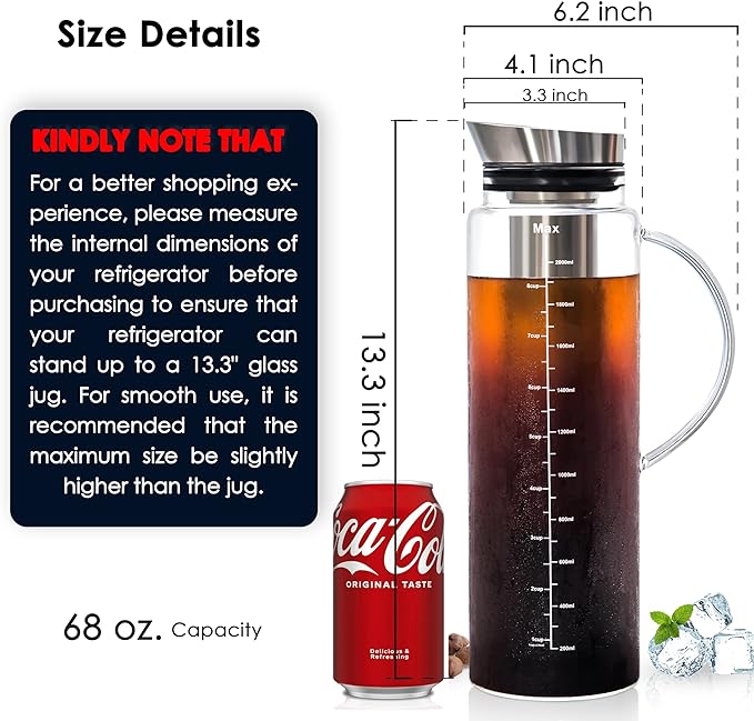 Aquach 68oz Cold Brew Coffee Maker, Extra Tall Glass Pitcher for Iced Tea