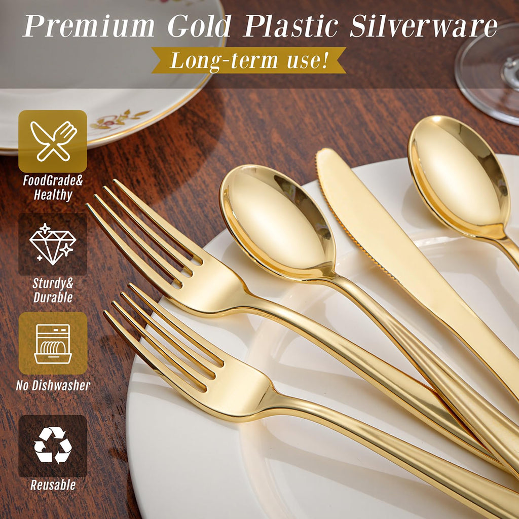 WDF 180 Count Gold Plastic Silverware Set - Heavy Duty Disposable Cutlery (60 Forks, 60 Knives, 60 Spoons) - BPA-Free Gold Flatware for Wedding, Party, Baby Shower, Thanksgiving