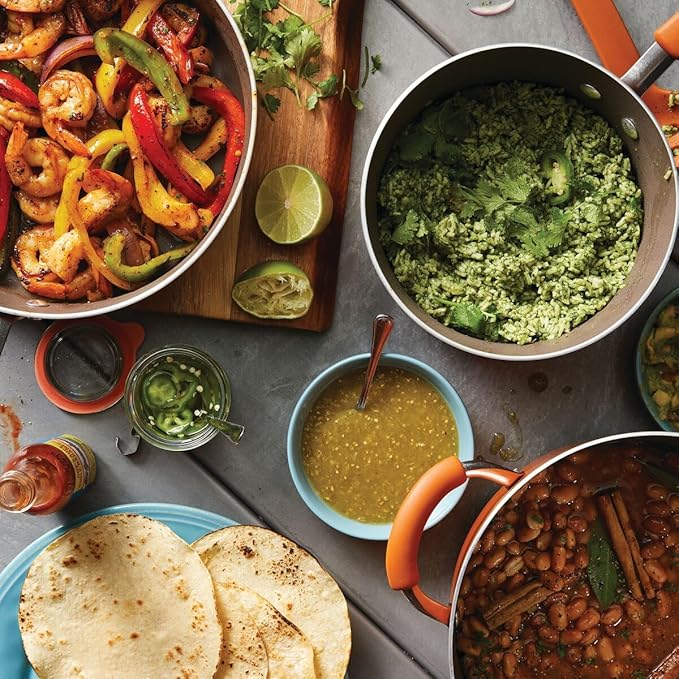 Rachael Ray Cucina Nonstick Cookware, Pumpkin Orange Pots and Pans Set, 12-Piece