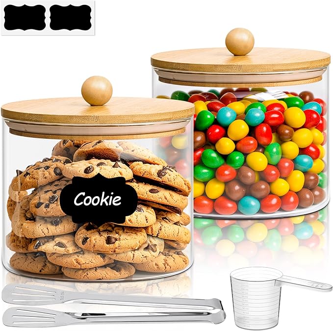 ComSaf Glass Storage Jars with Bamboo Lids 1.8 Qt 2 Pack Large Round