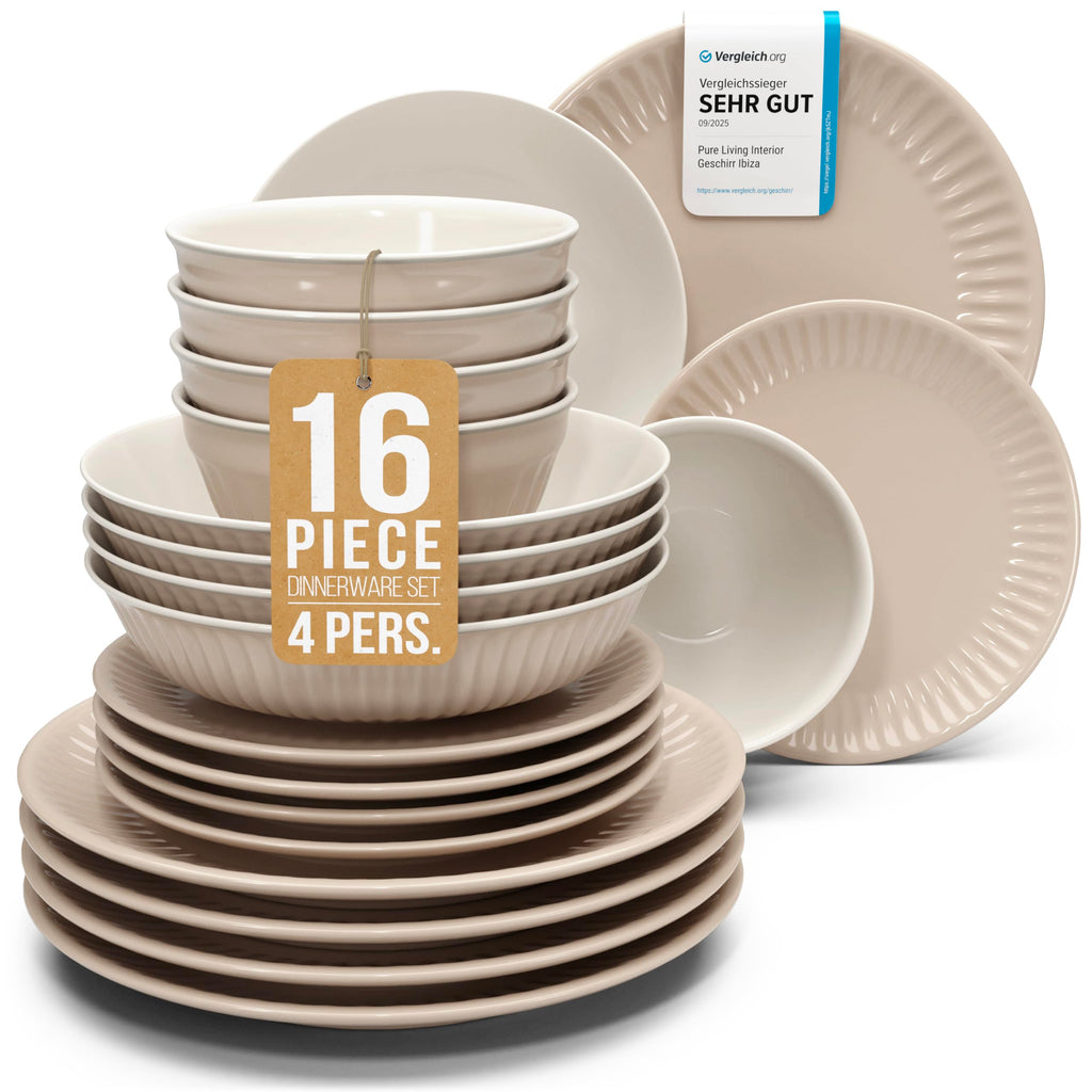 Stoneware Dinnerware Set for 4 People HYGGE 16-Piece - Elegant Scandi Design - Premium Dish Set - Bowl and Plate Set - Tableware for 4 People in a Ribbed Design - Pure Living in Light Brown
