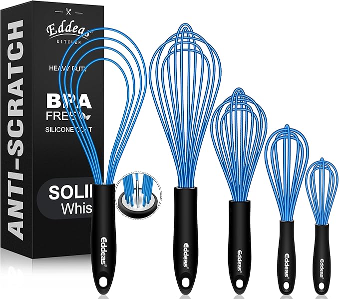 Eddeas Silicone Whisk, Non Scratch Whisk for Cooking, 5+7+9+11in Balloon Whisks, Suitable for Mixing, Blending. 11in Flat Whisks great for Ceramic Coated pans and Wider shallower pots. (Blue)