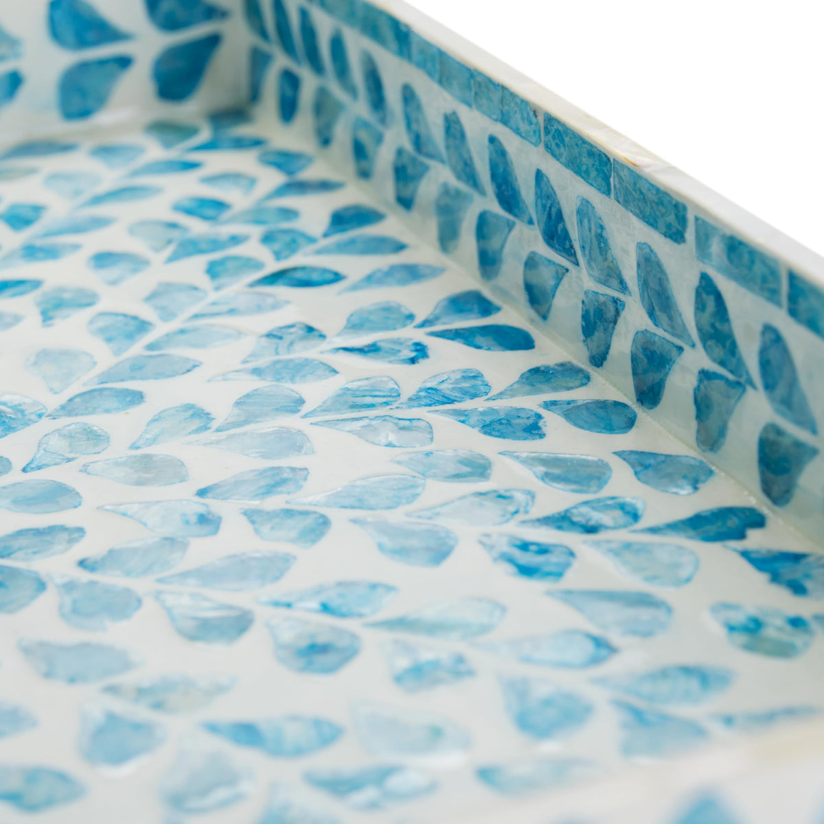 PEMAR Rectangular Mother of Pearl Serving Tray Nacre Wood Lap Ottoman Tray for Coffee Table, Luxury Decorative Handmade Eating Platters w Insert Handles (Teal Floral Pattern)