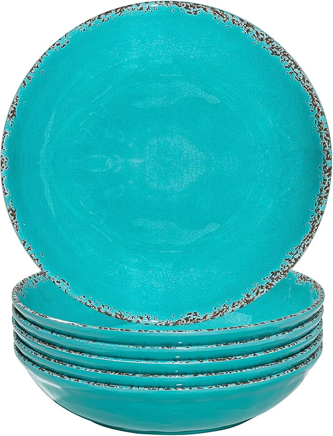 ZAROCRUS Farmhouse Melamine Pasta Bowls Set of 6, 42 OZ Shallow Individual Bowl, Melamine Pasta Plates and Salad Bowls sets, Dishwasher Safe Serving,Snack bowl,Fruit Bowl, Teal