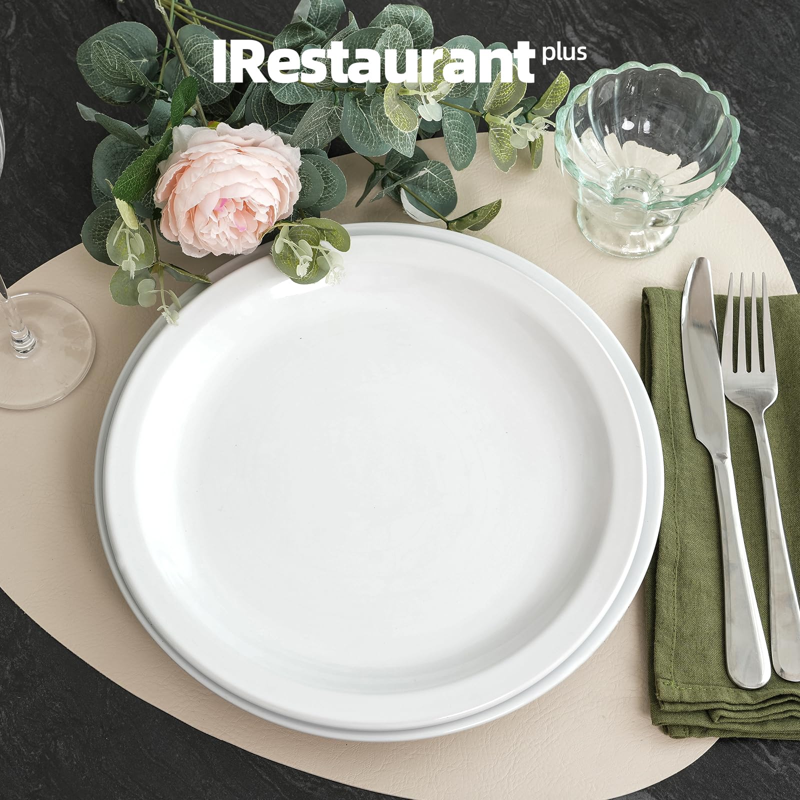 IRESTAURANT PLUS Stoneware Narrow Rim Commercial Grade Dinnerware, Bright White, Plate 8.25, Case of 36