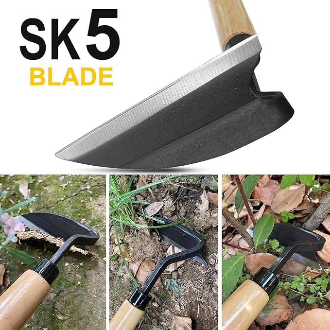Hanpex - Japanese Weeding Sickle, Wide Blade Gardening Tools - Premium Quality Hand Hoes/Weeding Sickle Have Very Sharp Edge for Quick Work (Long Handle)