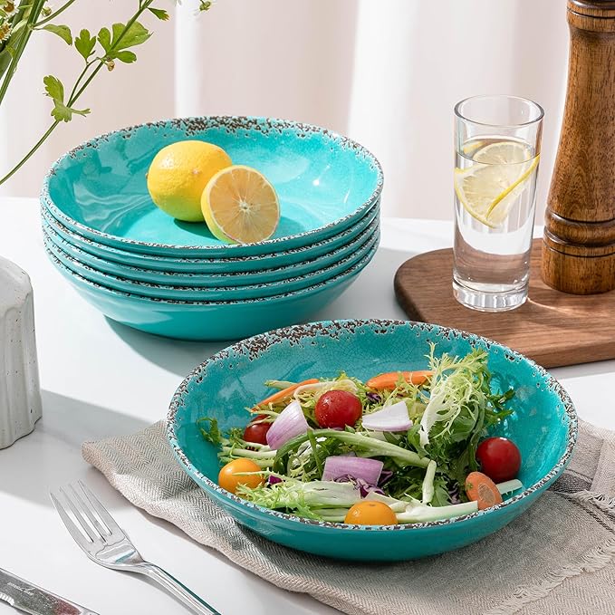 ZAROCRUS Farmhouse Melamine Pasta Bowls Set of 6, 42 OZ Shallow Individual Bowl, Melamine Pasta Plates and Salad Bowls sets, Dishwasher Safe Serving,Snack bowl,Fruit Bowl, Teal