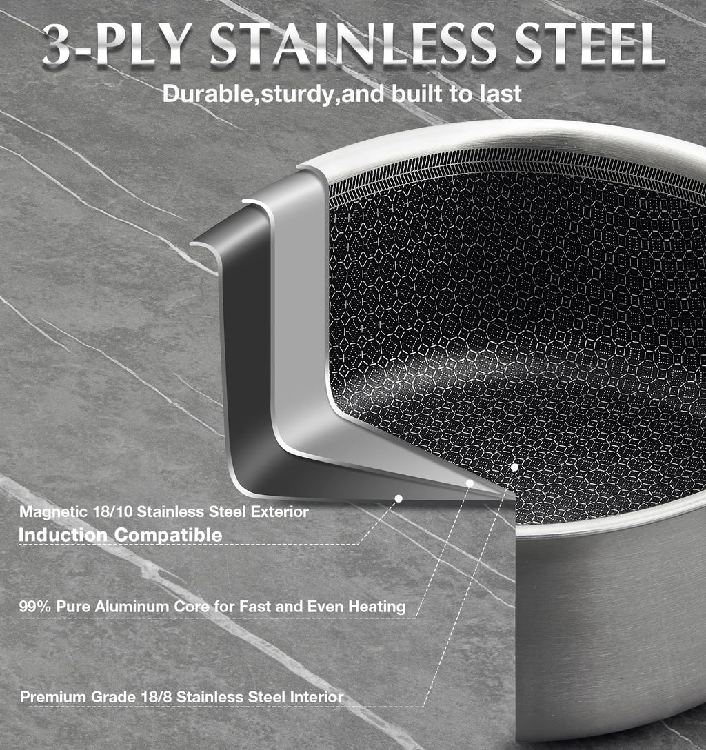 KOCH SYSTEME CS Hybrid Nonstick Stainless Steel Saucepan Set, 1QT & 2QT Triply Stainless Steel Saucepan Set with Hybrid Nonstick Honeycomb Interior, 4-Piece Sauce Pans, Induction Steel Pot Set