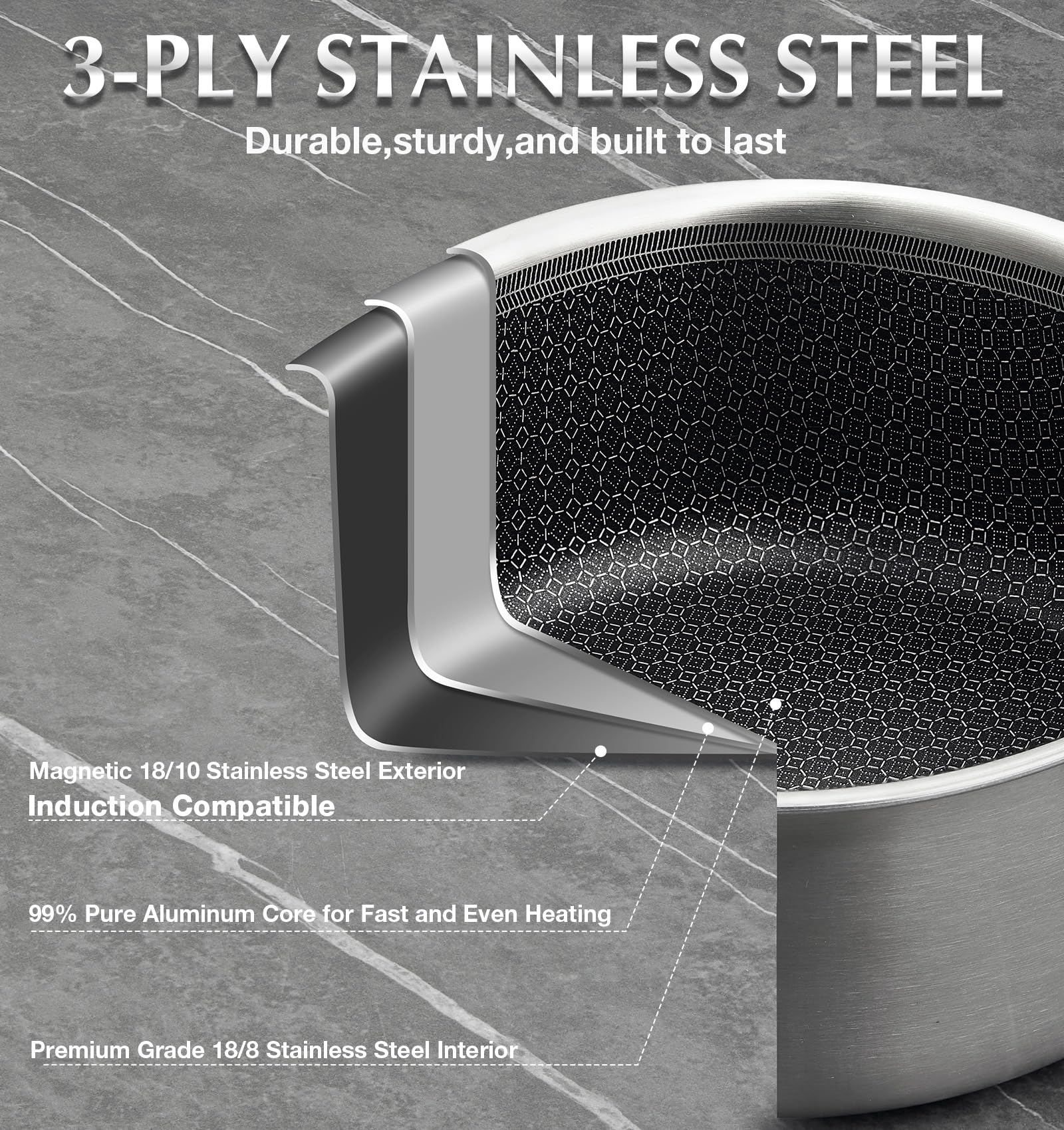 KOCH SYSTEME CS Hybrid Nonstick Stainless Steel Saucepan Set, 1QT & 2QT Triply Stainless Steel Saucepan Set with Hybrid Nonstick Honeycomb Interior, 4-Piece Sauce Pans, Induction Steel Pot Set