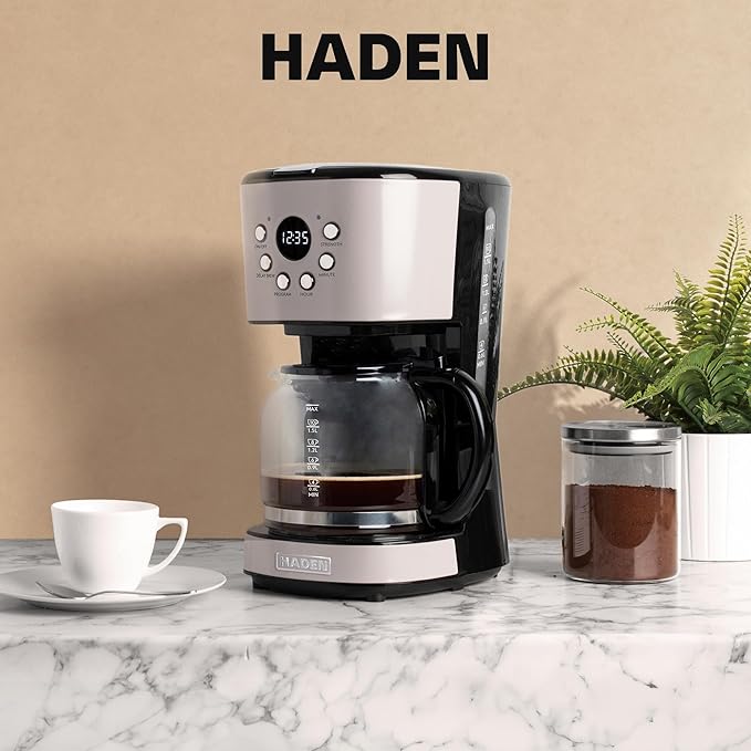 HADEN 12-Cup Programmable Coffee Maker for Home or Office, Putty & Chrome – Drip Brewer Machine with Brew Strength, Delay Brewing, Auto Shut-Off and Reusable Washable Water Filter