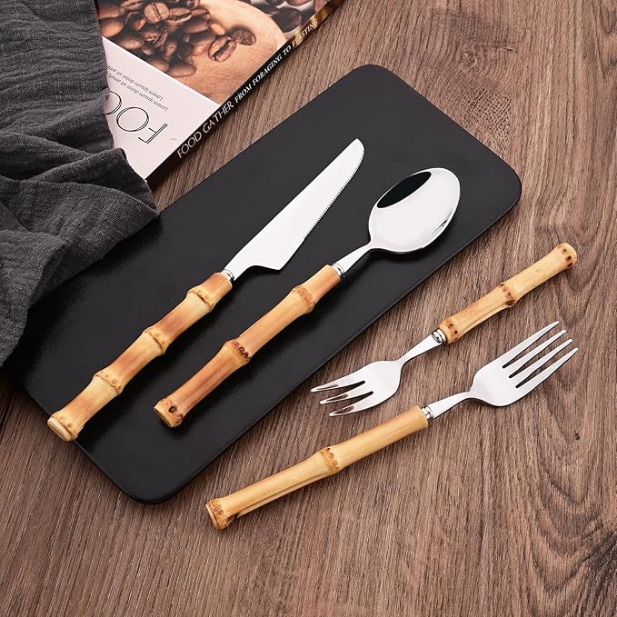 Uniturcky 8 PCS Small Fork, 6.3 Inches Stainless Steel Dessert Forks with Bamboo Handle, Kitchen Flatware Cutlery Set, Use for Tasting Cakes Fruits and Appetizer, Mirror Polished