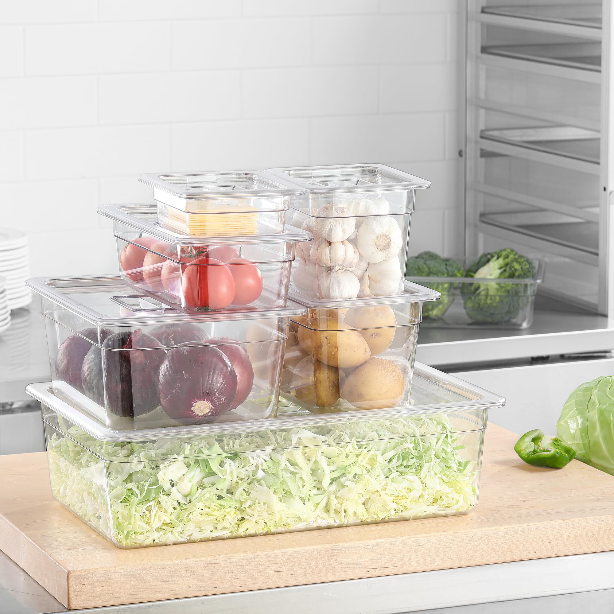 EGGKITPO 6-Pack 1/2 Size Clear Food Pan 4 Inch Deep Hotel Pan for Party and Catering BPA-free Polycarbonate Food Storage Container Stackable Freezer-safe