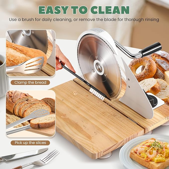 Huanyu Manual Bread Slicer Upgrade Foldable Sourdough Cutter Versatile Hand Crank Stainless Steel Blade Adjustable Thickness with Scale Line & Suction Cup for Homemade & Commercial Use White