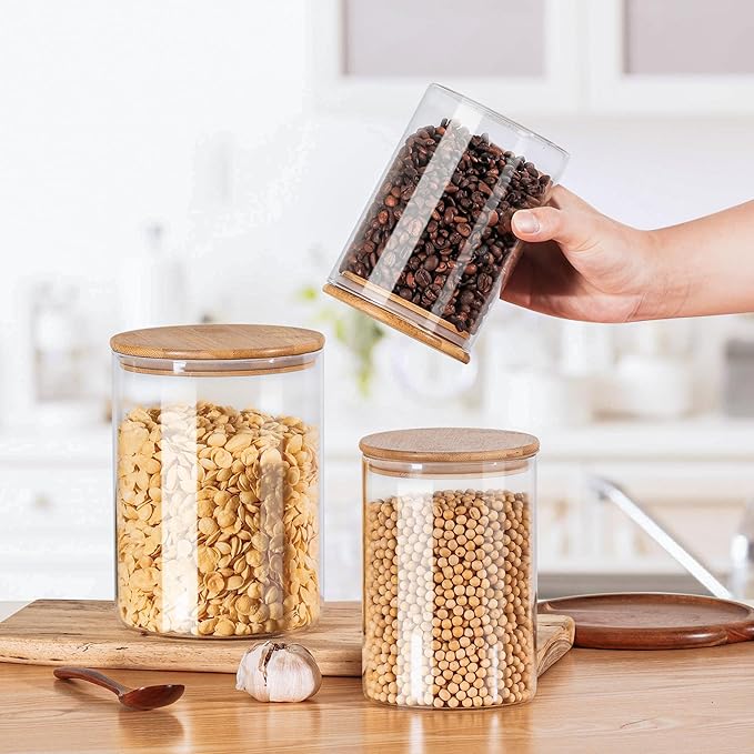 Wnaraa Glass Flour Storage Containers with Lids, Glass Jars with Bamboo Lids, Large Food Storage Jar, Sugar, Pantry Storage Container for Pasta Rice Flour Oats Nuts Tea Spice (Round 27oz+54oz+100oz)