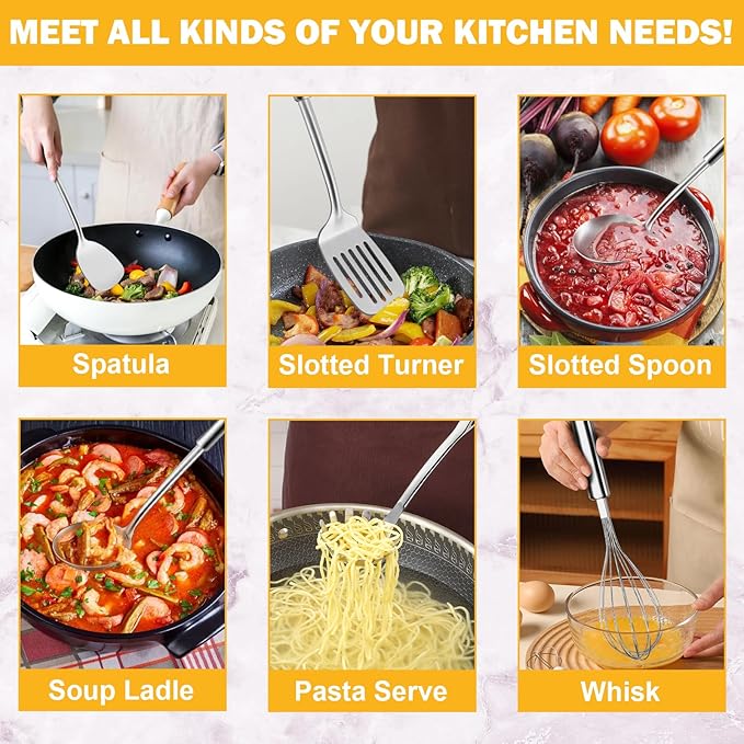 Gymdin 6-Piece Kitchen Cooking Utensils Set, Stainless Steel Kitchen Utensils with Suspendable Handle, Spatula, Slotted Turner, Soup Ladle, Slotted Spoon, Whisk, Pasta Server, Dishwasher Safe