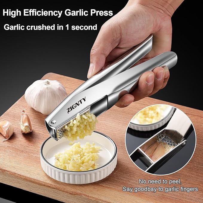 ZIGNTY Garlic Press Stainless Steel, Professional Crusher No Peel Required