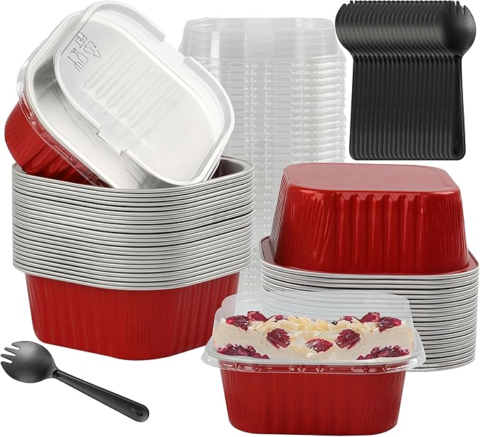 BAKINGPAK Baking Cups With Lids, 30PCS 10oz Square Mini Cake Pans With Lids Disposable Cupcake Containers Individual Cake Pans with Lids Mini Aluminum Pans with Lids for Christmas Party Birthday, Red