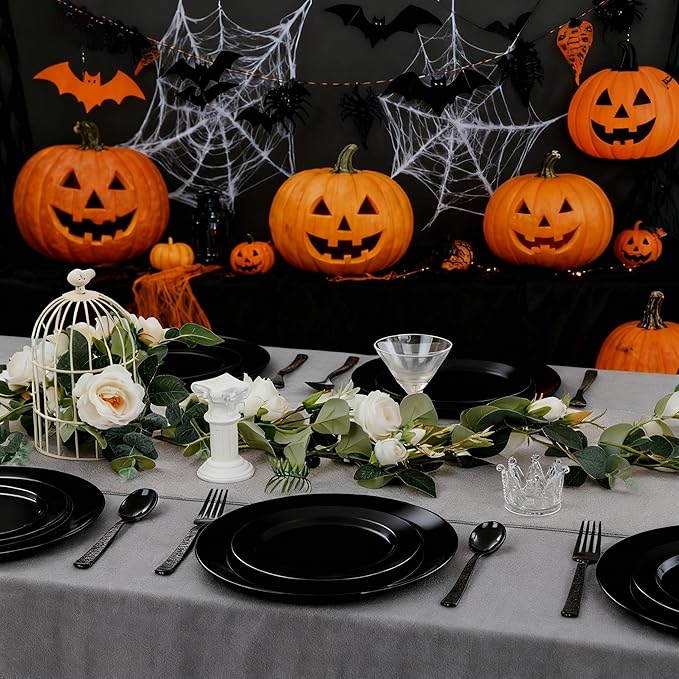 KIRE 400PCS Black Spoons and Forks Set - Black Plastic Silverware for Party