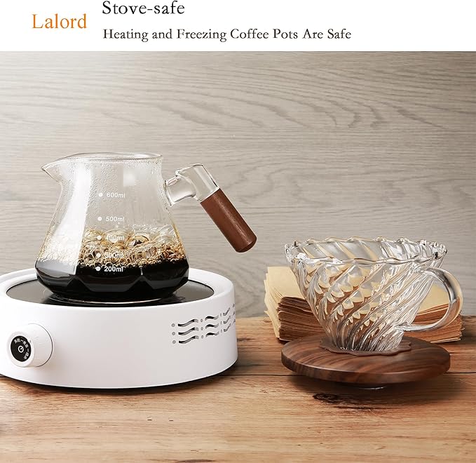 Lalord Pour Over Coffee Maker, 600ml/20oz Borosilicate Glass Set, Coffee Dripper with Walnut Collar, Glass Lid, 100 Paper Filters, 1-3 Cups, Clear