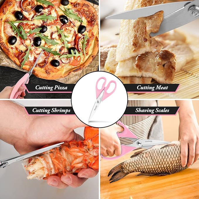 iBayam Pink Kitchen Scissors All Purpose Heavy Duty & Comfort Grip & Cover