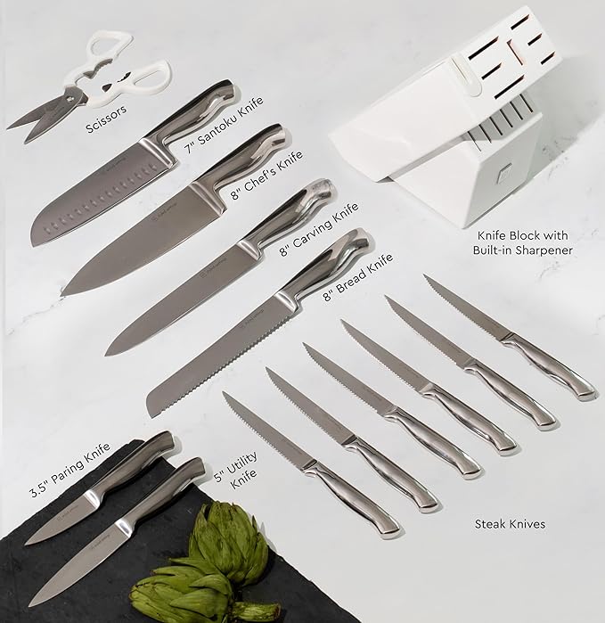 Styled Settings Stainless Steel Knife Set with Built In Sharpener, 14-Piece
