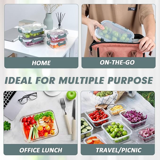 KOMUEE 10 Packs Glass Meal Prep Containers with Lids, Glass Food Storage Containers Set, Airtight Lunch Containers, Microwave, Oven, Freezer and Dishwasher Safe