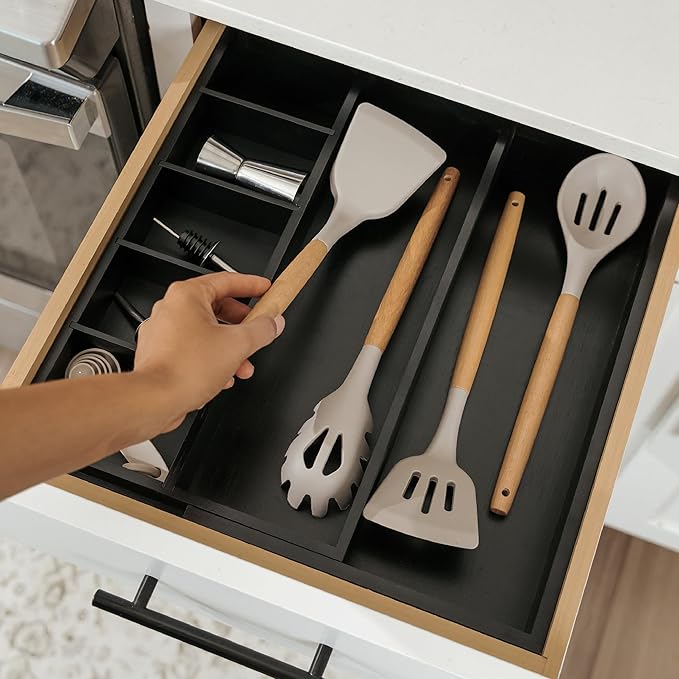 KitchenEdge Utensil & Junk Drawer Organizer, 10.5-19 in, Black Bamboo