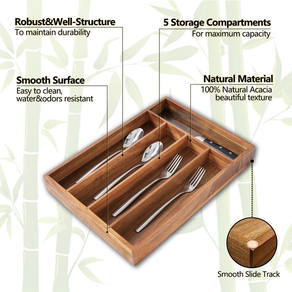 SUNBREATH Silverware Organizer, 10 Inch Utensil Organizer Kitchen Drawer Organizer Acacia Silverware Holder Cutlery Tray Organizer in Drawer Flatware Organizer Tray(5 slots, Acacia