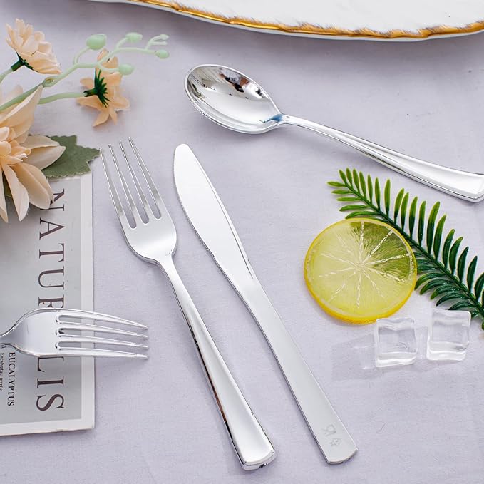 WDF 500PCS Silver Plastic Silverware - Plastic Silver Utensils - 250 Forks 125 Spoons 125 Knives - Heavy Duty Disposable Silverware Sets for Party Baby Shower Wedding Spring