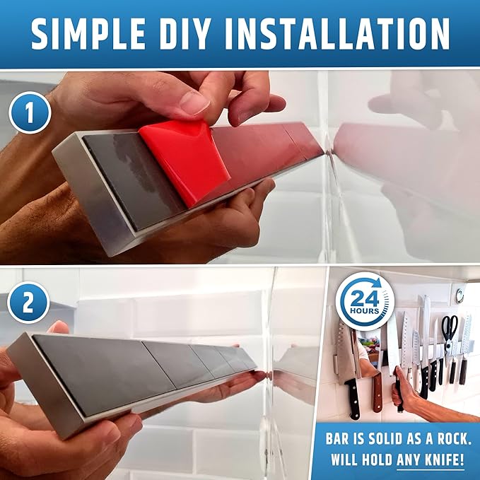 24" Strong Adhesive (No Drill) Magnetic Knife Holder for Wall - Professional Knife Strip - No Screws Needed - Adhesive Backing - Stainless Steel Knife Bar (Upgraded Version – Will Not Fall)
