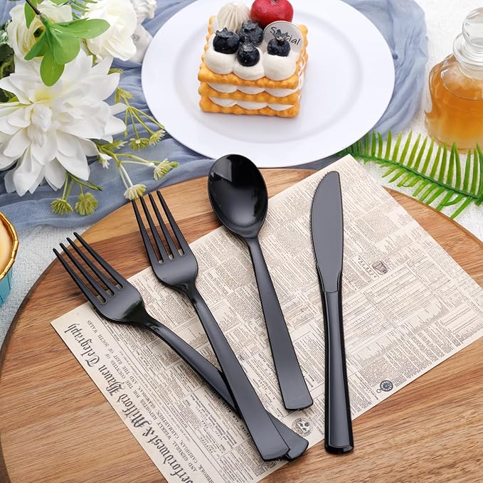 EI 360pcs Black Plastic Silverware,Disposable Cutlery,Plastic Silverware Heavy Duty,Plastic Spoons and Forks include 120pcs Forks,120pcs Spoons and 120pcs Knives,for Wedding,Graduation Decorations